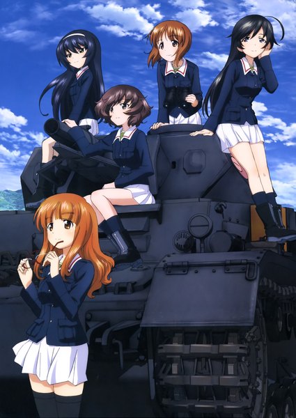 Anime picture 2889x4078 with girls und panzer nishizumi miho akiyama yukari takebe saori reizei mako isuzu hana long hair tall image highres short hair black hair brown hair multiple girls brown eyes sky cloud (clouds) scan official art girl thighhighs