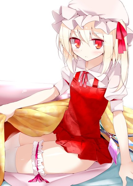 Anime picture 1786x2500 with touhou flandre scarlet oouso (usotsukiya) single tall image blush highres short hair light erotic blonde hair red eyes girl thighhighs dress white thighhighs bonnet