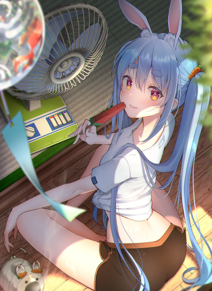 Anime picture 2480x3407 with virtual youtuber hololive usada pekora byoko (byokoramen) single long hair tall image looking at viewer blush fringe highres breasts smile hair between eyes sitting twintails holding animal ears blue hair outdoors