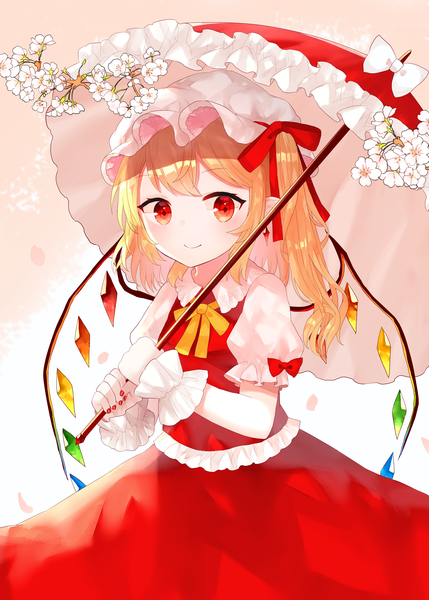 Anime picture 2591x3624 with touhou flandre scarlet sakizaki saki-p single long hair tall image looking at viewer blush fringe highres blonde hair smile red eyes standing holding nail polish puffy sleeves red nail polish girl dress