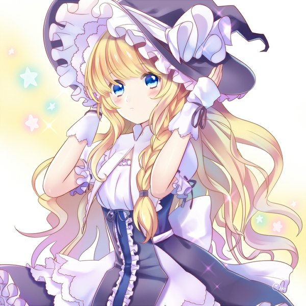 Anime picture 1000x1000 with touhou kirisame marisa tori (otori) single long hair looking at viewer blush blue eyes blonde hair braid (braids) witch girl dress hat star (symbol) witch hat