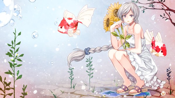 Anime picture 2000x1119 with utau sekka yufu toudou charo single looking at viewer highres wide image sitting bare shoulders holding brown eyes braid (braids) very long hair grey hair bare legs girl dress flower (flowers) animal sundress