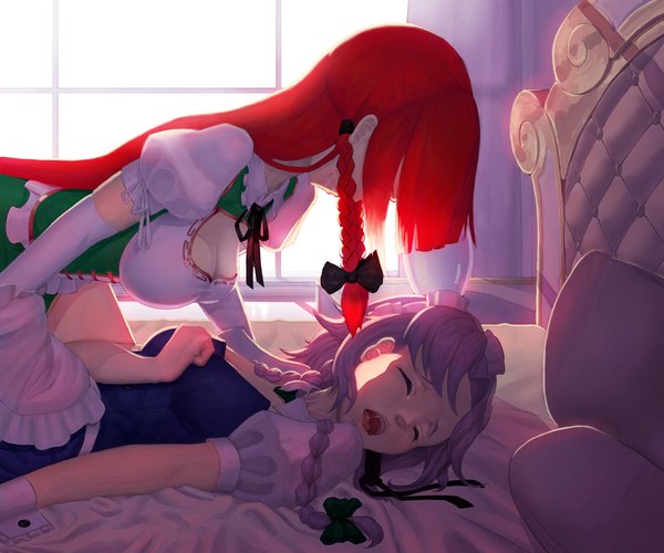 Anime picture 1500x1250 with touhou izayoi sakuya hong meiling wilnus long hair fringe breasts open mouth light erotic smile large breasts multiple girls red hair indoors lying braid (braids) eyes closed grey hair short sleeves alternate costume