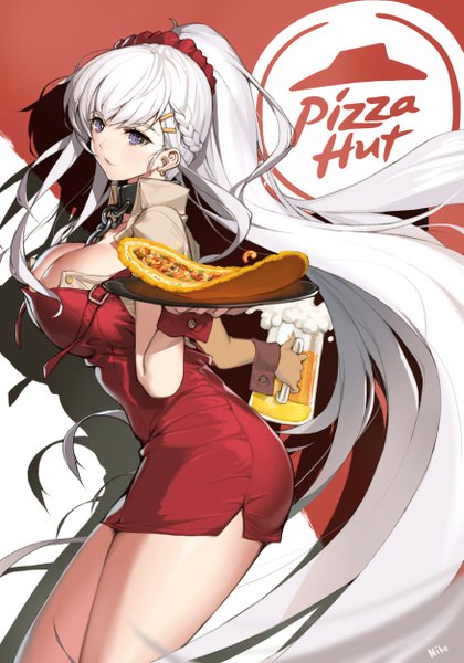 Anime picture 3500x5000 with azur lane pizza hut belfast (azur lane) belfast (piping-hot perfection) (azur lane) nike1060 single tall image looking at viewer blush fringe highres breasts light erotic large breasts standing purple eyes holding signed absurdres cleavage