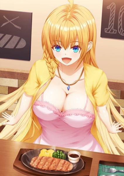 Anime picture 2480x3508 with princess connect! re:dive princess connect! pecorine (princess connect!) pecorine (real) (princess connect!) fujifuji924 single tall image blush fringe highres breasts open mouth blue eyes light erotic blonde hair smile hair between eyes large breasts sitting cleavage