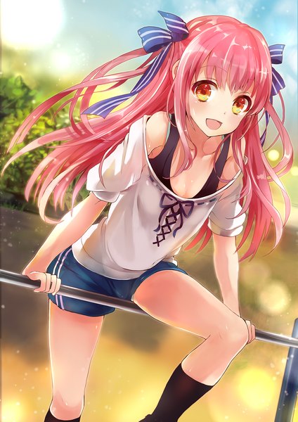 Anime picture 1447x2046 with original yuuki yuchi single long hair tall image looking at viewer blush fringe breasts open mouth light erotic smile red eyes standing bare shoulders yellow eyes payot sky cloud (clouds) bent knee (knees)