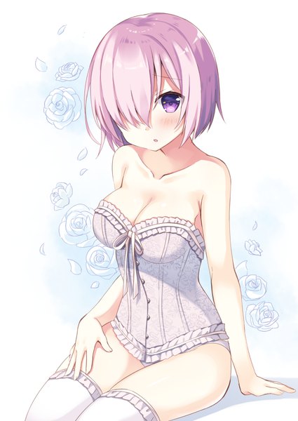 Anime picture 600x847 with fate (series) fate/grand order mash kyrielight sumisaki yuzuna single tall image looking at viewer blush fringe short hair breasts light erotic large breasts white background sitting purple eyes pink hair cleavage hair over one eye arm support