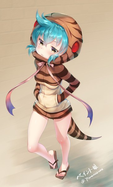 Anime picture 600x988 with kemono friends tsuchinoko (kemono friends) paint musume single tall image looking at viewer blush fringe short hair breasts simple background hair between eyes holding brown eyes signed payot full body ahoge tail animal tail