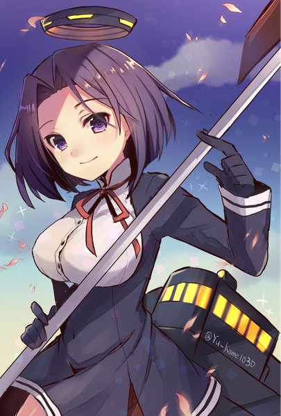 Anime picture 591x874 with kantai collection tatsuta light cruiser yuukome (tekunon) single tall image looking at viewer short hair smile purple eyes signed sky purple hair sparkle shaded face girl gloves uniform school uniform petals black gloves