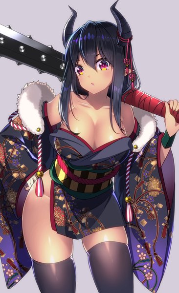 Anime picture 1250x2047 with original nasubi (w.c.s) single long hair tall image looking at viewer blush fringe breasts open mouth light erotic black hair simple background hair between eyes red eyes large breasts standing holding payot cleavage