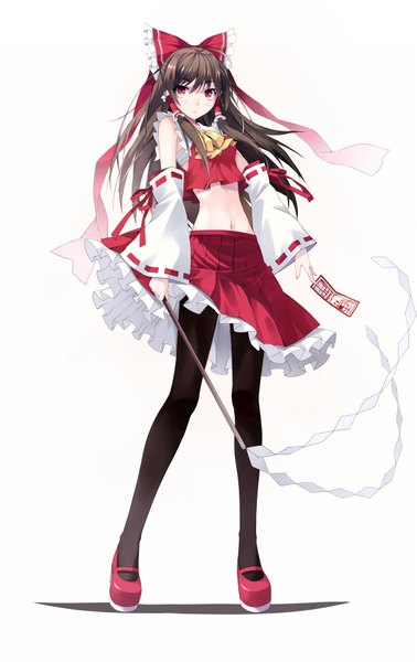 Anime picture 1181x1872 with touhou hakurei reimu mushroom (artist) single long hair tall image looking at viewer black hair red eyes white background traditional clothes miko girl skirt navel bow hair bow detached sleeves skirt set red skirt