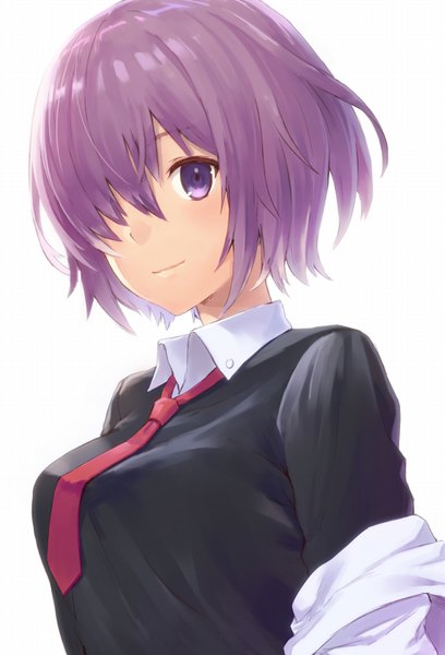 Anime picture 545x800 with fate (series) fate/grand order mash kyrielight haru (hiyori-kohal) single tall image looking at viewer fringe short hair breasts simple background white background purple eyes purple hair light smile hair over one eye girl necktie
