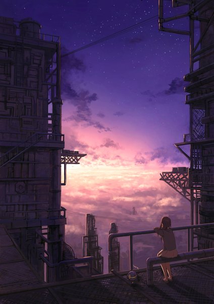 Anime picture 1200x1697 with original lensa single long hair tall image brown hair sitting sky cloud (clouds) from behind scenic girl skirt building (buildings) star (stars) ball stairs wire (wires)
