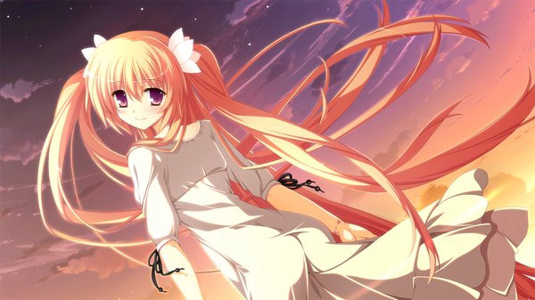 Anime picture 1280x720 with fortissimo//akkord:bsusvier (game) sakura (fortissimo) ooba kagerou single long hair blush blonde hair smile red eyes wide image twintails game cg looking back evening sunset girl dress