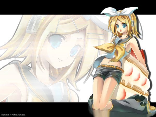 Anime picture 1600x1200 with vocaloid kagamine rin nohito highres breasts wallpaper sideboob girl shorts