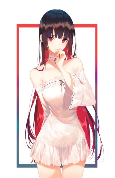 Anime picture 2655x4096 with original peulopi single long hair tall image looking at viewer fringe highres breasts simple background hair between eyes red eyes brown hair standing white background bare shoulders red hair nail polish parted lips multicolored hair