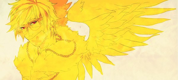 Anime picture 1214x545 with homestuck davesprite mookie000 single looking at viewer short hair simple background blonde hair red eyes wide image piercing angel wings boy earrings wings glasses jacket fur bandaid