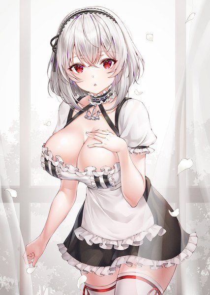 Anime picture 854x1200 with azur lane sirius (azur lane) mellozzo single tall image looking at viewer blush fringe short hair breasts open mouth light erotic hair between eyes red eyes large breasts standing payot silver hair :o short sleeves