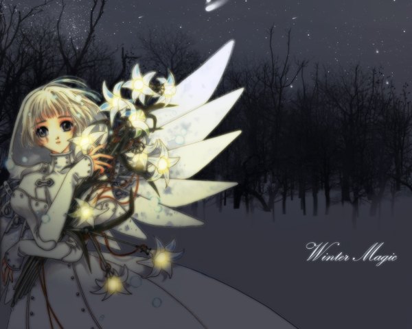 Anime picture 1280x1024 with clover (manga) clamp suu (clover) single short hair white hair night wallpaper winter girl dress flower (flowers) wings hood lily (flower)