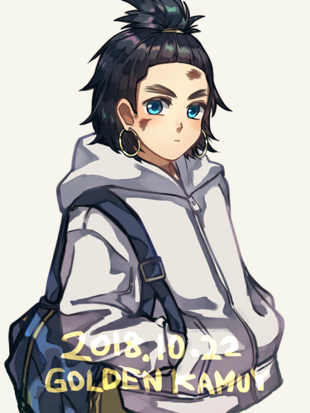 Anime picture 827x1104 with golden kamuy cikapasi araiguma (gomipanda123) single tall image looking at viewer short hair blue eyes black hair simple background white background upper body alternate costume copyright name dated eyebrows hands in pockets contemporary alternate eye color boy