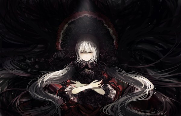Anime picture 3507x2248 with original dico (artist) single fringe highres simple background twintails signed absurdres eyes closed very long hair grey hair floating hair black background crossed arms pale skin lolita fashion goth-loli girl dress