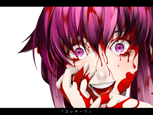 Anime picture 1600x1200 with mirai nikki gasai yuno mine (wizard) single long hair open mouth purple eyes purple hair letterboxed close-up face crazy girl blood