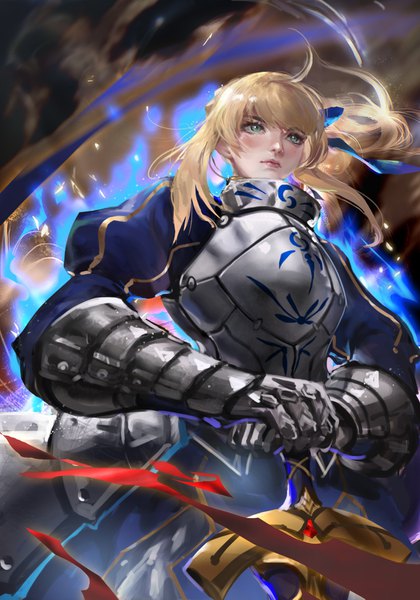 Anime picture 1088x1553 with fate (series) fate/stay night artoria pendragon (all) saber kang kang zi single long hair tall image blush fringe blonde hair hair between eyes standing holding green eyes payot looking away ahoge ponytail lips