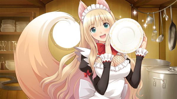 Anime picture 4000x2252 with shining (series) shining hearts blade arcus from shining lorna (shining hearts) tony taka single long hair looking at viewer blush fringe highres breasts open mouth blonde hair smile wide image large breasts holding animal ears payot