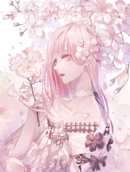 Anime picture 2000x2628 with original seol sul long hair tall image looking at viewer highres open mouth holding pink hair upper body pink eyes hair flower cherry blossoms pink background bad anatomy girl dress hair ornament flower (flowers)