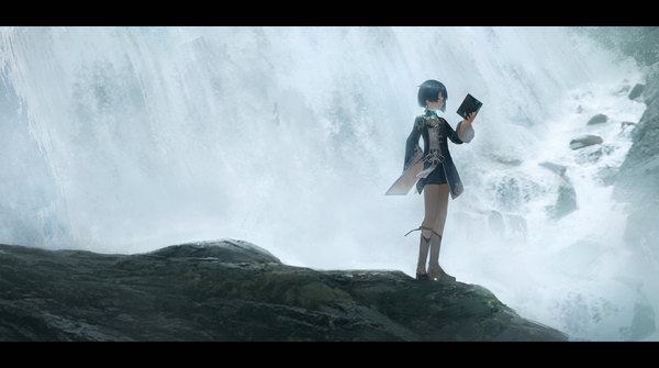 Anime picture 3747x2095 with genshin impact xingqiu (genshin impact) anna (drw01) single highres short hair smile wide image standing blue hair absurdres full body outdoors letterboxed waterfall reading boy water book (books) knee boots