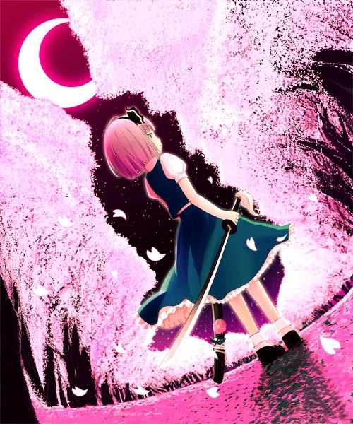 Anime picture 1000x1200 with touhou konpaku youmu matsumoto ryou single tall image fringe short hair standing green eyes pink hair full body blunt bangs profile looking back from behind night puffy sleeves cherry blossoms crescent girl