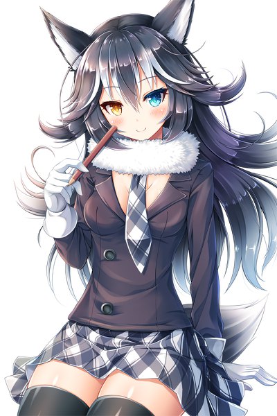 Anime picture 800x1200 with kemono friends grey wolf (kemono friends) akashio (loli ace) single long hair tall image looking at viewer blush fringe breasts blue eyes black hair simple background smile white background sitting holding animal ears cleavage white hair