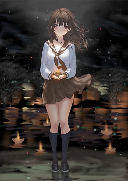 Anime picture 700x990 with original lloule single long hair tall image looking at viewer blush fringe breasts smile hair between eyes red eyes brown hair standing holding cloud (clouds) full body outdoors long sleeves head tilt