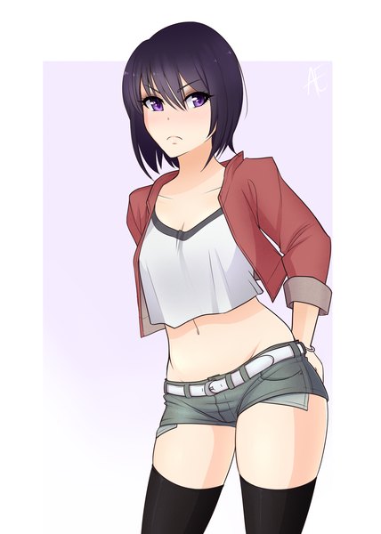 Anime picture 1500x2100 with boku wa tomodachi ga sukunai mikazuki yozora ae single tall image blush short hair black hair simple background purple eyes open clothes open jacket girl thighhighs navel black thighhighs jacket shorts short shorts