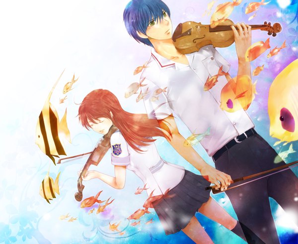 Anime picture 2200x1800 with la corda d'oro hino kahoko tsukimori len highres short hair blue hair red hair eyes closed grey eyes back to back girl boy uniform school uniform socks black socks fish (fishes) violin bow (instrument)