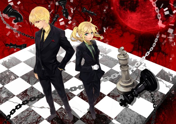 Anime picture 1600x1130 with fate (series) fate/stay night fate/zero studio deen type-moon artoria pendragon (all) saber gilgamesh (fate) long hair short hair blonde hair red eyes twintails green eyes hand in pocket checkered floor girl boy gloves necktie