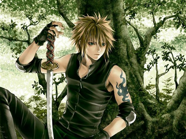 Anime picture 1024x768 with naruto studio pierrot naruto (series) namikaze minato single fringe short hair blue eyes sitting holding looking away tattoo hokage boy weapon plant (plants) tree (trees) armor fingerless gloves forest