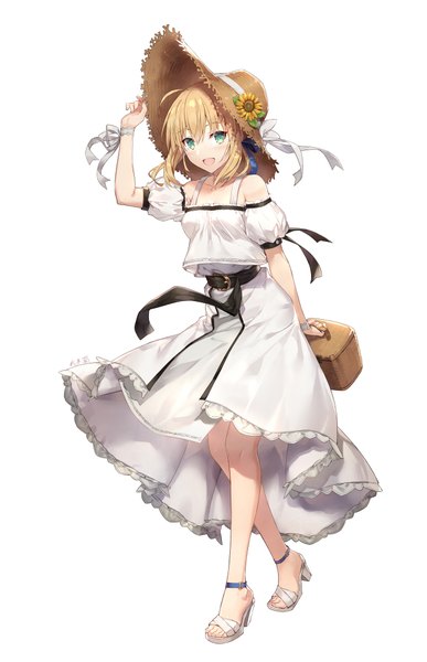 Anime picture 645x1000 with fate (series) fate/grand order fate/stay night artoria pendragon (all) saber gabiran single tall image looking at viewer blush fringe short hair open mouth simple background blonde hair smile hair between eyes white background bare shoulders green eyes