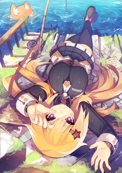 Anime picture 1057x1500 with original mamuru single long hair tall image looking at viewer blush blonde hair red eyes lying on back symbol-shaped pupils girl thighhighs skirt hair ornament black thighhighs miniskirt animal water
