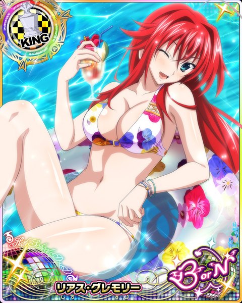 Anime picture 640x800 with highschool dxd rias gremory single tall image blush breasts open mouth blue eyes light erotic red hair very long hair one eye closed wink card (medium) girl navel swimsuit bikini bracelet drink