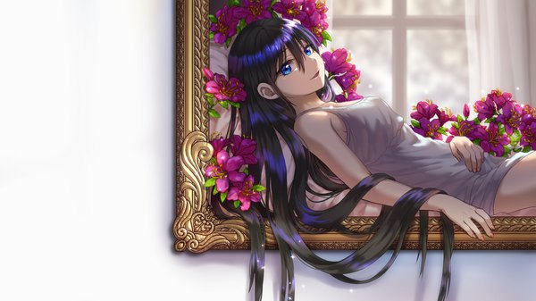 Anime picture 1920x1080 with original aesice single long hair looking at viewer fringe highres open mouth blue eyes black hair smile hair between eyes wide image lying fingernails sparkle on back wallpaper sleeveless girl