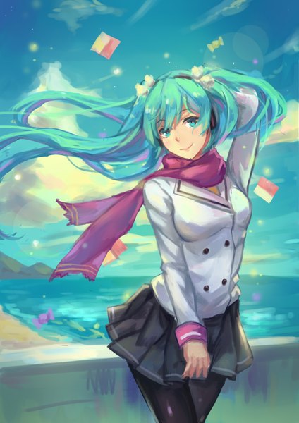 Anime picture 2480x3507 with vocaloid hatsune miku atdan single long hair tall image highres breasts blue eyes smile twintails sky cloud (clouds) outdoors light smile wind alternate costume beach blue background mountain