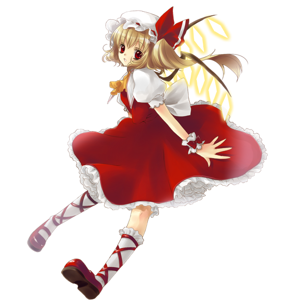 Anime picture 1447x1447 with touhou flandre scarlet senri (nazerine) single looking at viewer fringe short hair blonde hair hair between eyes red eyes full body puffy sleeves one side up glowing transparent background girl hat wings socks white socks