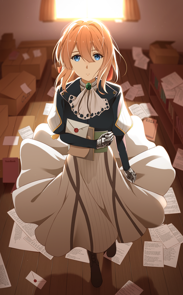 Anime picture 1714x2749 with violet evergarden kyoto animation violet evergarden (character) rko (a470350510) single tall image looking at viewer fringe highres short hair blue eyes blonde hair hair between eyes standing holding full body indoors long sleeves from above sunlight