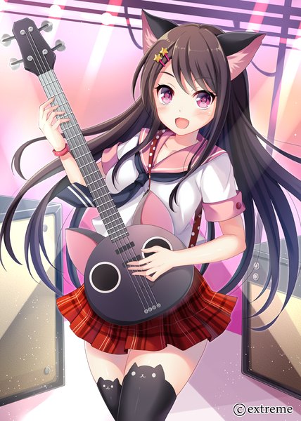 Anime picture 700x980 with momoiro taisen pairon original harimoji single long hair tall image looking at viewer blush fringe open mouth brown hair standing holding animal ears :d pleated skirt pink eyes cat ears shadow short sleeves