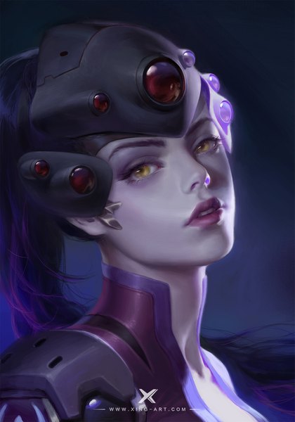 Anime picture 1401x2000 with overwatch blizzard entertainment widowmaker (overwatch) starlab single long hair tall image looking at viewer yellow eyes purple hair ponytail parted lips realistic lipstick portrait girl head mounted display