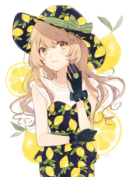 Anime picture 900x1204 with original horiizumi inko single long hair tall image looking at viewer blush fringe blonde hair yellow eyes upper body food print lemon print girl dress gloves hat black gloves ring fruit