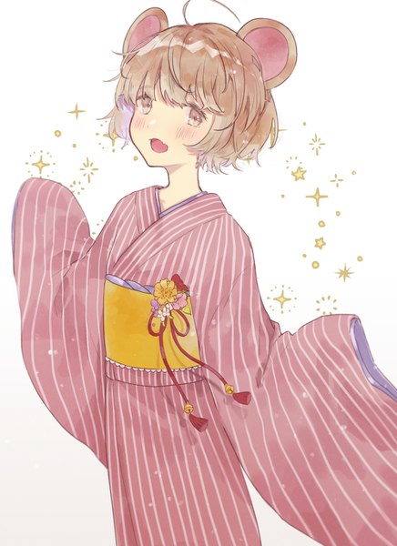Anime picture 1000x1375 with original necojishi single tall image looking at viewer blush short hair open mouth brown hair white background animal ears ahoge traditional clothes japanese clothes sparkle spread arms striped mouse ears girl kimono