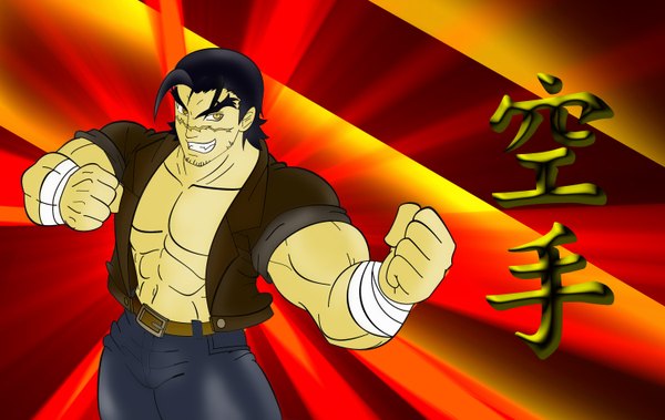 Anime picture 3000x1896 with history's strongest disciple kenichi sakaki shio single highres short hair black hair yellow eyes hieroglyph scar muscle boy