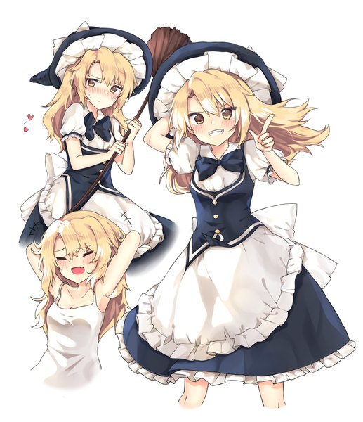 Anime picture 1550x1800 with touhou kirisame marisa cheunes long hair tall image looking at viewer blush open mouth blonde hair smile white background yellow eyes looking away eyes closed short sleeves embarrassed puffy sleeves grin multiview frilly skirt